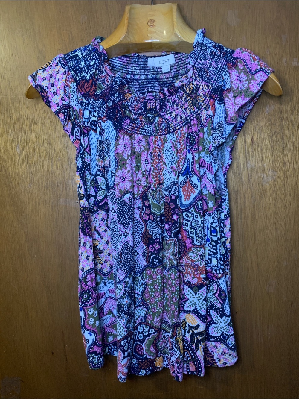 LOFT Multi-Color Patchwork Smocked Yoke Top - Picture 2 of 7